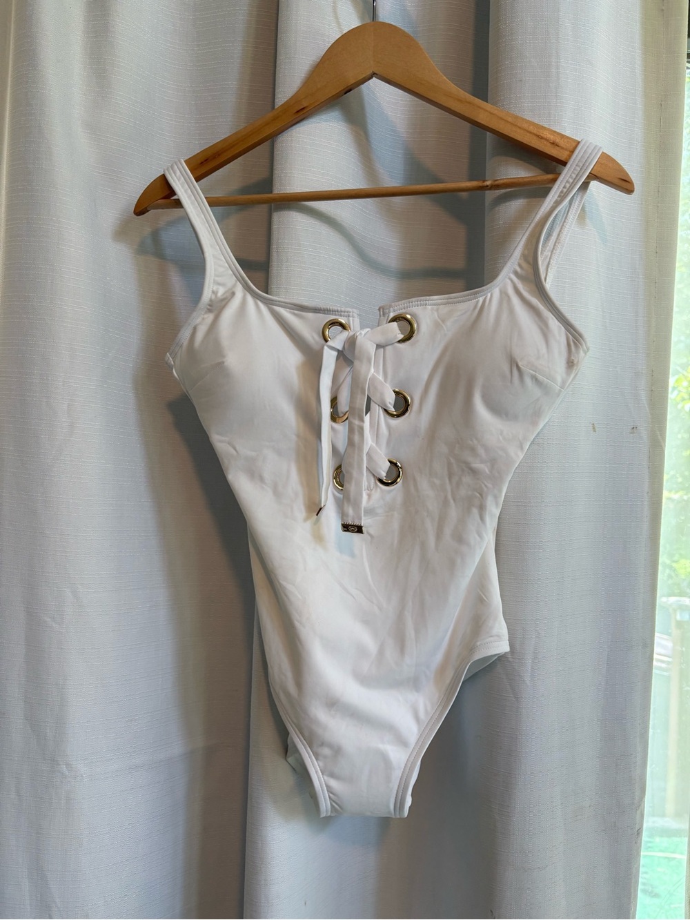Michael Kors White Lace Up Grommet One Piece Swimsuit MM3Q456 Womens Size 8 NEW - Picture 1 of 5